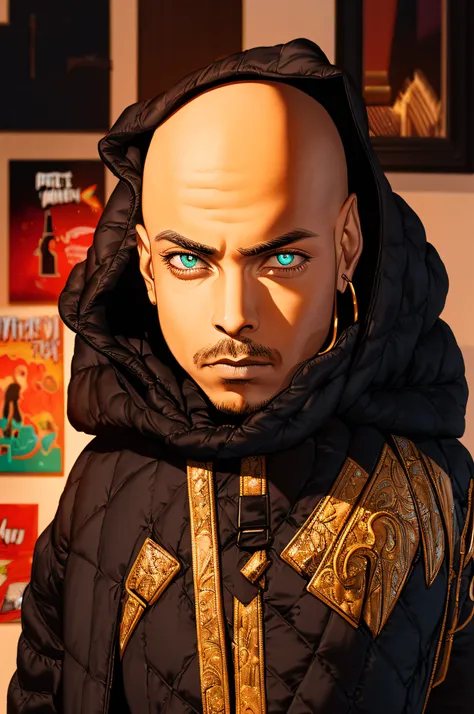 Cyberpunk Caramel Brown Skin male moor with Fresh Shaven Bald Hairstyle::1.5 , fantasy world, dark background, clean design, epic instagram, artstation, colorful paint splatter, silhouette, hyper detailed intricate details, unreal engine, fantasy, intricat...