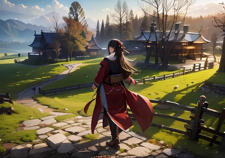 top-quality,​masterpiece,超A high resolution,(photographrealistic:1.4), 1girl in,looking at the viewers,  horseshoe-shaped hairband,  Old castle , myth , the woods , A Japanese Lady,