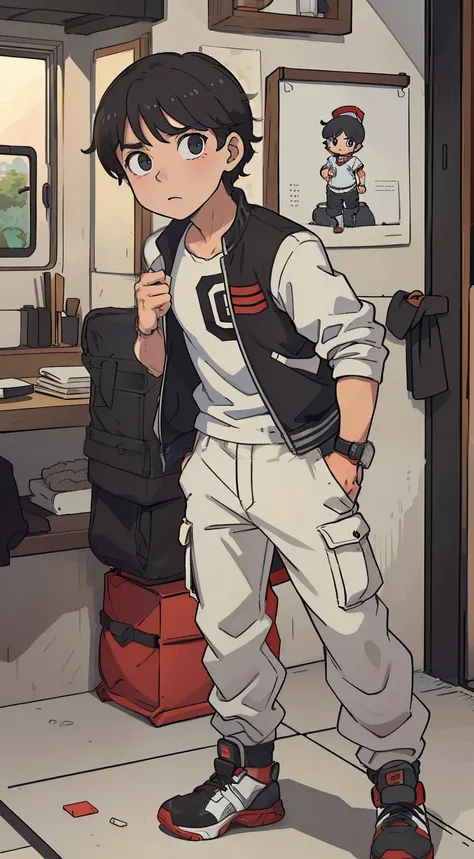 ((1garoto)) jovem, menino, masculino, cabelo marrom, cor marrom dos olhos, Short manga jacket with a red stripe in the middle horizontal and white manga shirt, gray cargo pants, portanto, o smartwatch, Black and white baseball cap with two red stripes, gra...