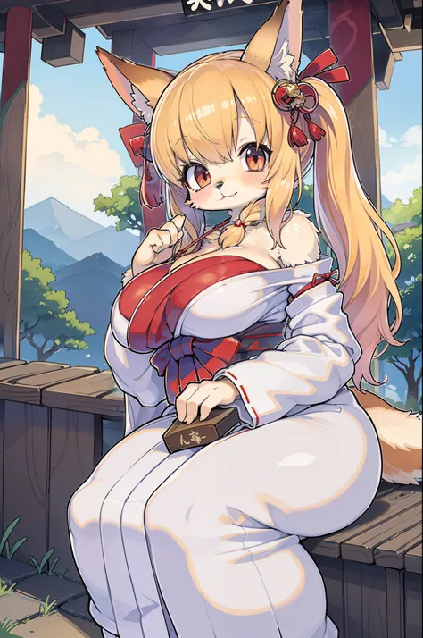 Fox woman、body covered with fur、huge-breasted、kawaii、shrine maiden、Japan white clothes,Red Hakama、torii gate,summer day、From the top、Wide Shot、Very Wide Shot