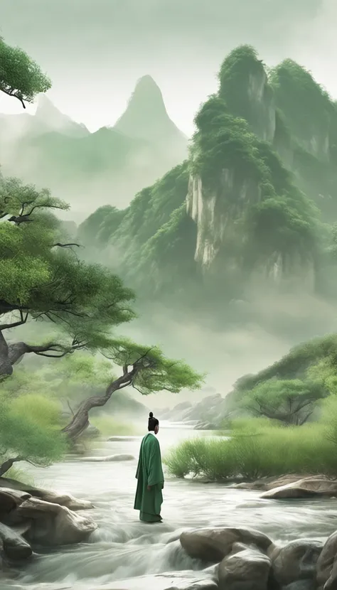 A man in Hanfu stands in flowing landscape Flowing landscape Flowing landscape Song dynasty fine brushstroke landscape painting rendered in cinema 4D Organic flow forms Gothic landforms and landforms Light green and white Mediterranean landscape Fluid form...