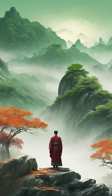 A man in Hanfu stands in flowing landscape Flowing landscape Flowing landscape Song dynasty fine brushstroke landscape painting rendered in cinema 4D Organic flow forms Gothic landforms and landforms Light green and white Mediterranean landscape Fluid form...