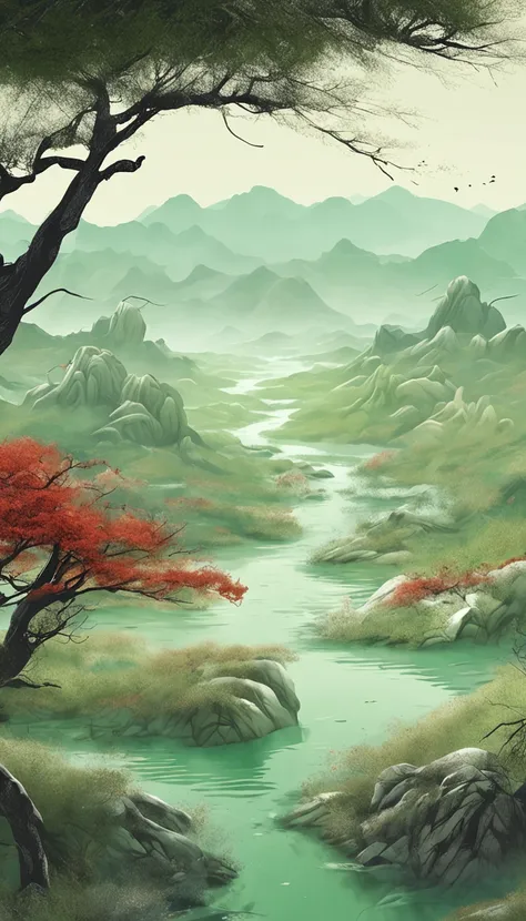 A man in Hanfu stands in flowing landscape Flowing landscape Flowing landscape Song dynasty fine brushstroke landscape painting rendered in cinema 4D Organic flow forms Gothic landforms and landforms Light green and white Mediterranean landscape Fluid form...