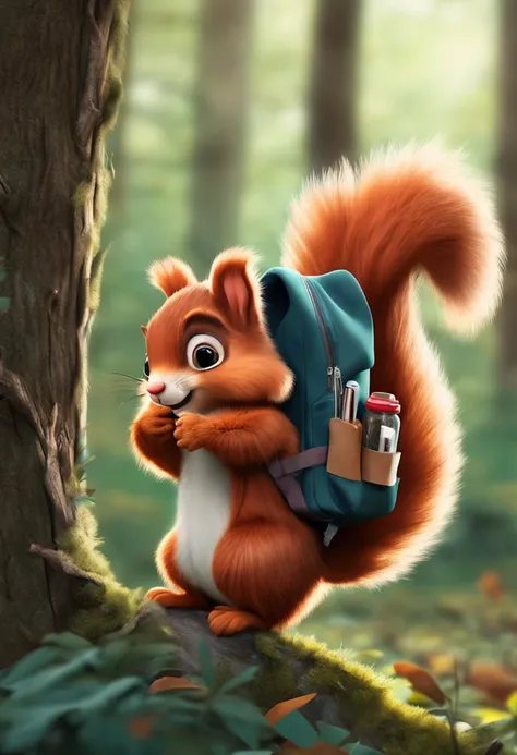 cute cartoon fluffy squirrel with backpack colleting nuts happily