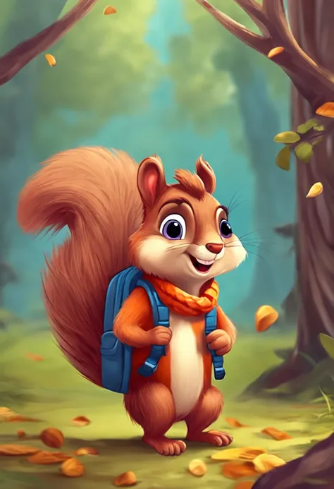 cute cartoon fluffy squirrel with backpack colleting nuts happily