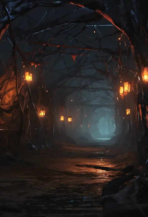 nighttime, torchlight, giant webs, walkways made of web, darkness below the walkways, spiders, spider eggs, creepy, dark, webways, underdark, painted as a game concept art, environment concept art, environment and concept art, painterly concept art,