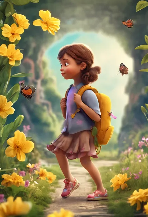 A charming little girl with a backpack is enjoying a cute spring outing surrounded by beautiful yellow flowers and nature with her cute monkey. The illustration is a high-definition illustration in 4k resolution with highly detailed facial features and car...