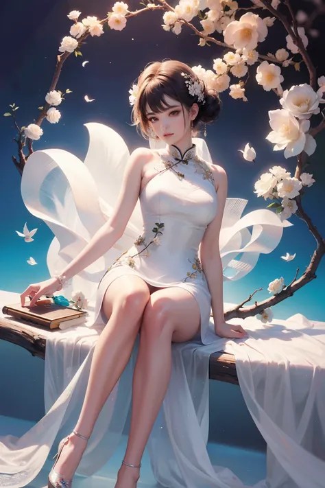 (Sit on a branch)，A woman of outstanding figure，wearing  cheongsam，Transparent body，fresh flowers，jewely，Amazing work，Vitreous luster,clean backdrop，High gloss