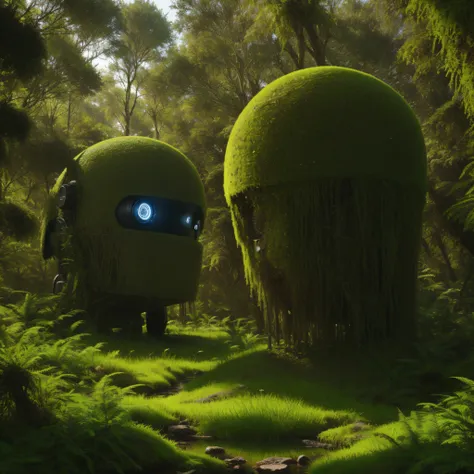 a strange looking object in the middle of a forest, robot concept portrait, mossy ruins, horror animatronic, pantanoso, fotorrealista granulado, O terreno baldio,pantanoso,