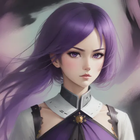 1 garota, cabelo longo roxo, anime, obra de arte, roupas pretas, serious look, Japanese drawing, arte digital, abstrata, retrato de anime, mature