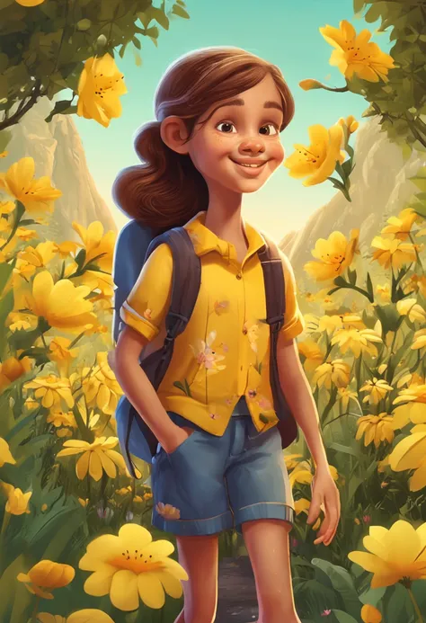 A charming American little girl, with long hair, with a backpack is enjoying a cute spring outing surrounded by beautiful yellow flowers and nature with her cute monkey. The illustration is a high-definition illustration in 4k resolution with highly detail...