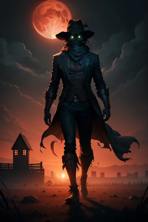 Create a YouTube channel cover art with dimensions 1546 x 423 px that captures the essence of terror. Depict a haunting scarecrow standing menacingly before a timeworn barn, surrounded by a sea of towering cornstalks under the eerie illumination of a blood...