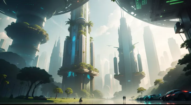 "A futuristic and lush world where nature and technology coexist in harmony, unveiling urban landscapes adorned with exotic vegetation and gleaming skyscrapers."