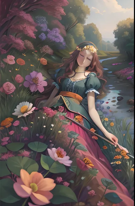 Ophelia sleep, slay, colorful, flowers, river