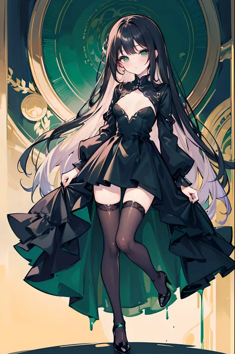 Masterpiece, dreamlike art, 1 girl, solo, full picture, long black hair, dripping_hair, green eyes, young woman,wind blowing, holding down own skirt, gracious intricate black wedding dress with black stockings, blush, high heels