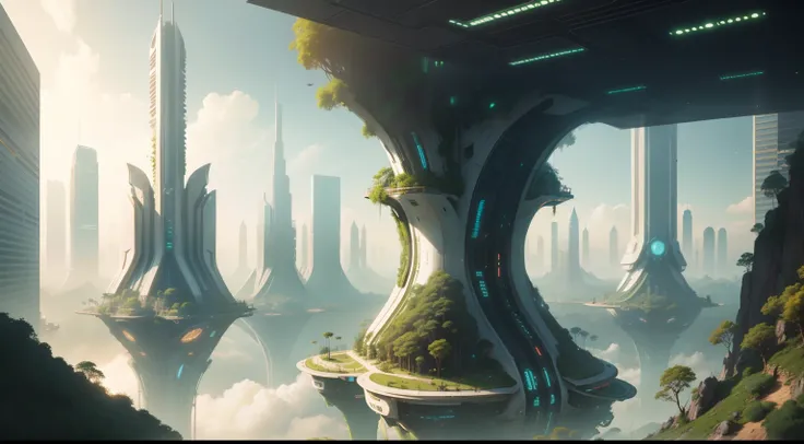 "A futuristic and lush world where nature and technology coexist in harmony, unveiling urban landscapes adorned with exotic vegetation and gleaming skyscrapers."