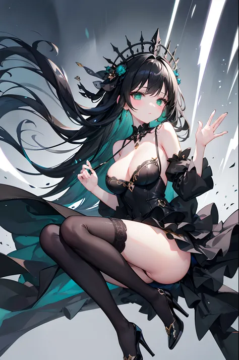 Masterpiece, dreamlike art, 1 girl, solo, full picture, long black hair, dripping_hair, green eyes, young woman,wind blowing, holding down own skirt, gracious intricate black wedding dress with black stockings, blush, high heels