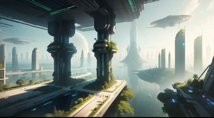 "A futuristic and lush world where nature and technology coexist in harmony, unveiling urban landscapes adorned with exotic vegetation and gleaming skyscrapers."