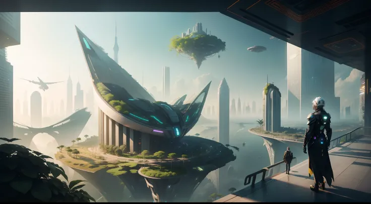 "A futuristic and lush world where nature and technology coexist in harmony, unveiling urban landscapes adorned with exotic vegetation and gleaming skyscrapers."