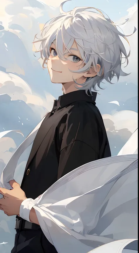 (​masterpiece、top-quality、hightquality)、1 juvenile、14-year-old boy、(A smile))Look at viewers、white  hair、straight、fluffy hair、grey  eyes、White shirt、Black pants、dynamic ungle、Lateral face、profile、Angled angles、blows wind