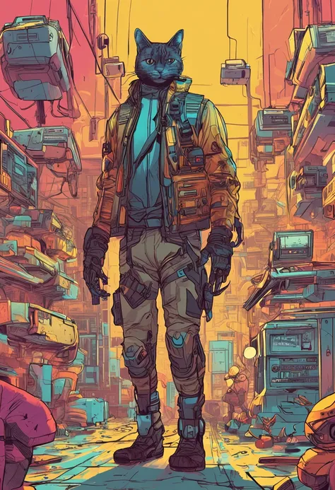 Gato, futurista+Cyberpunk, inteligente,usando trajes amarelos.