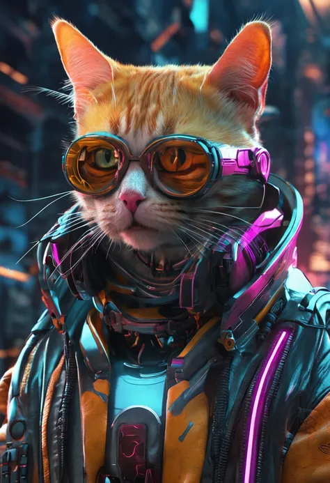 Gato, futurista+Cyberpunk, inteligente,usando trajes amarelos.