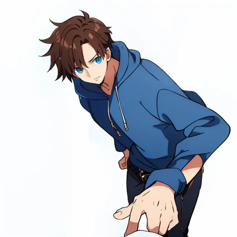 "White background, character sheet, 19-year-old male with black and brown hair, bright blue eyes, wearing a hoodie, blue jeans, medium-length hair, high level of detail."