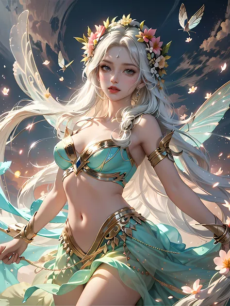 (8K, primitive, Photorealistic: 1.25) Realistic, Cinematic light,(actionpose: 1.4),the Flower Fairy，Petal skirt，Flowing skirt，A pair of transparent wings emit a dreamy glow，Fairy stick, Dance，in a panoramic view，flower  sea，rays of sunlight piercing throug...