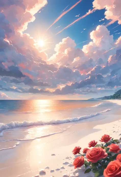 delicate scene,depth of field, 8K, The ivory sky,white clouds,and sunlight shine on the snow-white beach. The coral sea,and many colorful tinny shells on the beach,red roses, roses focus,