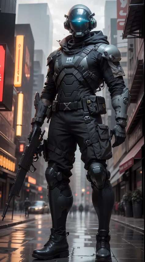 1man, a futuristic-looking male military commander with a fantastic ((square cyberhelmet head with blue lights)), wearing a pair of ((iron grey gloves)) and ((black military boots)), dressed in ((grey FROG suit)), standing in cyberpunk city, holding weapon...