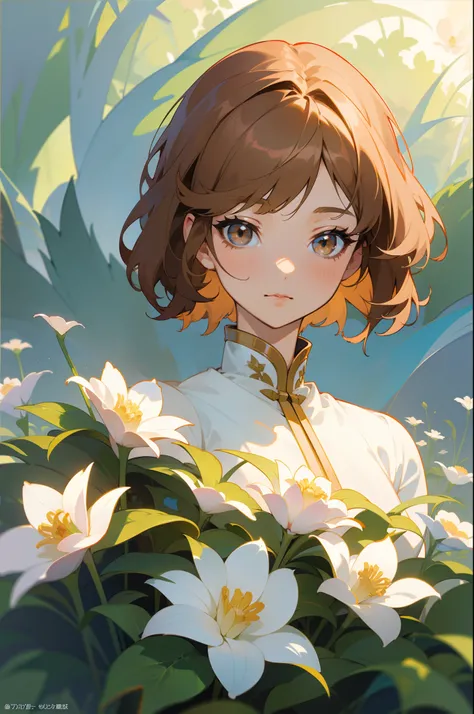 Official Art, Masterpiece European female face, short hair, lightbrown hair, brown eyes , flower garden , (​masterpiece、top-quality、hight resolution: 1.4),in 8K, Drawing of a woman with short lightbrown hair, Anime Art Nouveau, highly detailed exquisite fa...