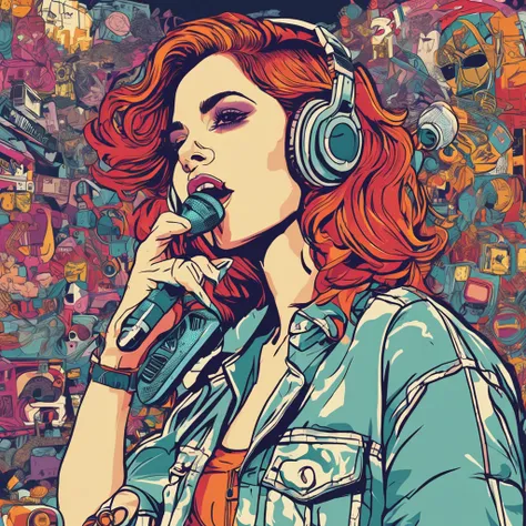 Ready-to-print vector t-shirt art graffiti illustration, A poster of singer Lana Del Rey, full body inspired by 90s aesthetic that includes anime, Arcade, Nostalgic and colorful colors