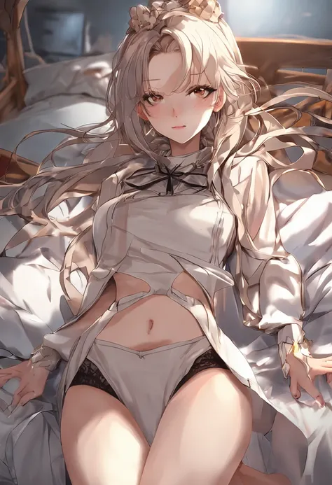 ((Night, Real Light, Top Quality, 8k, Masterpiece: 1.3)), Normal Body Shape: 1.4, (Brown Hair, Colossal: 1.8), Sexy Underwear, Lying on Bed, Open Legs, Ultra Detailed Face, Detailed Eyes, Double Eyelids