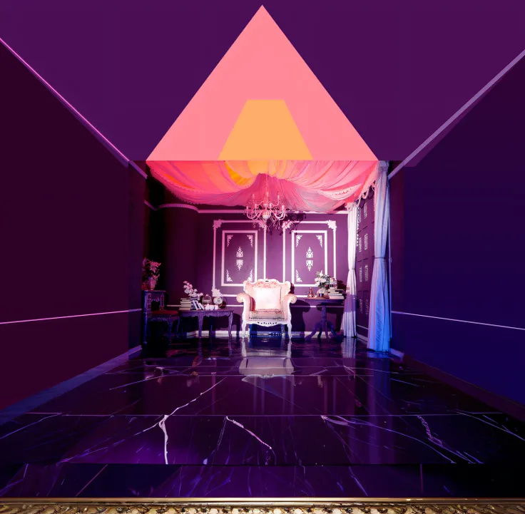 Content-based fill, Brightly lit purple room, Tiled room Marble room, Baroque painting background, high-end, high-end, Trend Vaporwave Mansion, Purple aesthetics, Luxurious Rococo Baroque style, masutepiece, high-end, A luxurious setting, wonderful masterp...