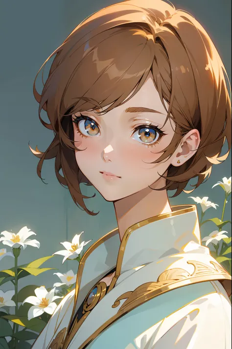 Official Art, Masterpiece European female face, short hair, lightbrown hair, brown eyes , flower garden , (​masterpiece、top-quality、hight resolution: 1.4),in 8K, Drawing of a woman with short lightbrown hair, Anime Art Nouveau, highly detailed exquisite fa...