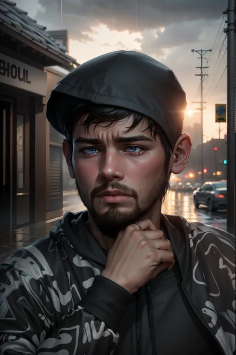 A sad heartbroken boy walking in the rain, with his hood up, hd realistic cinematic