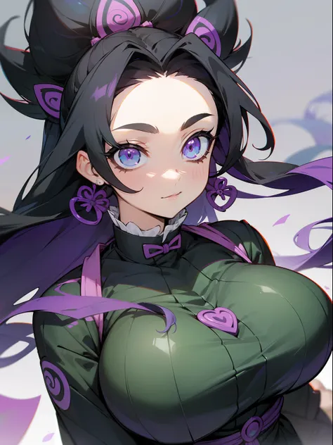 Milf, tetas grandes 1.6, curvas, feliz, (pelo largo recogido negro), (ojos violetas), kimetsu no yaiba, hermoso cuerpo, 2brazos, culo grande, muslos anchos, cuerpo completo, Well-designed face, ojos bien detallados, posando,