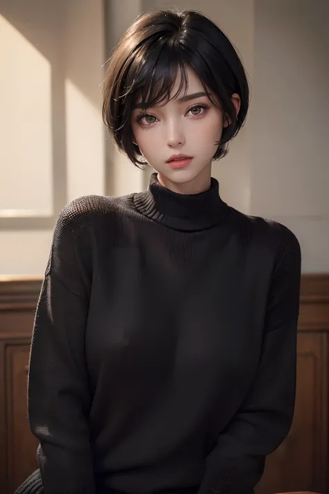 (masterpiece:1.3), (8k, photorealistic, RAW photo, best quality: 1.4), (1girl), beautiful face, (realistic face), (black hair, short hair:1.3), beautiful hairstyle, realistic eyes, beautiful detailed eyes, (realistic skin), beautiful skin, (sweater), absur...