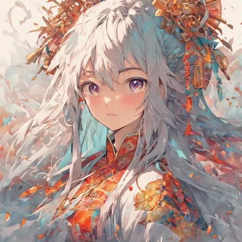 (White background:1.4),( Beautiful Irelia, Colorful long hair, Oriental elements)，(Chinese Illustration:1.3，paper art:1.3, Quilted Paper Art:1.2),( Reasonable design, Clear lines, High Sharpness,Best Quality, Very detailed, masutepiece, Movie Light Effects...