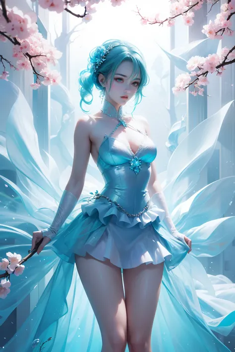 (Sit on a branch)，A woman of outstanding figure，Wear a beautiful miniskirt，Leaking out of both shoulders，Transparent body，fresh flowers，jewely，Amazing work，Vitreous luster,clean backdrop，High gloss，blue colors，in pink，cyan colors