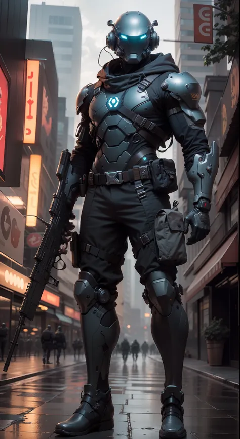 1man, a futuristic-looking male military commander with a fantastic ((square cyberhelmet head with blue lights)) and a pair of mechanical feet, wearing a pair of ((iron grey gloves)), no shoes, dressed in ((grey FROG suit)), standing in cyberpunk city, hol...