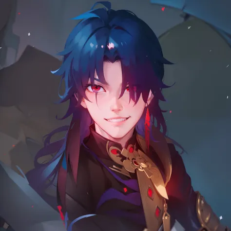 Redraw the guy, Handsome guy, cruel expression on his face, Menacing grin, red-eyes, Character Blade (Honkai), super quality