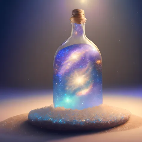 glass bottle sitting on top of a table| a photorealistic painting| pixels| pastels| conceptual art| earth,stars and galaxies| highly detailed perfect render| light effect| modern fantasy| glittering multiversal ornaments| universe in a grain of sand| photo...