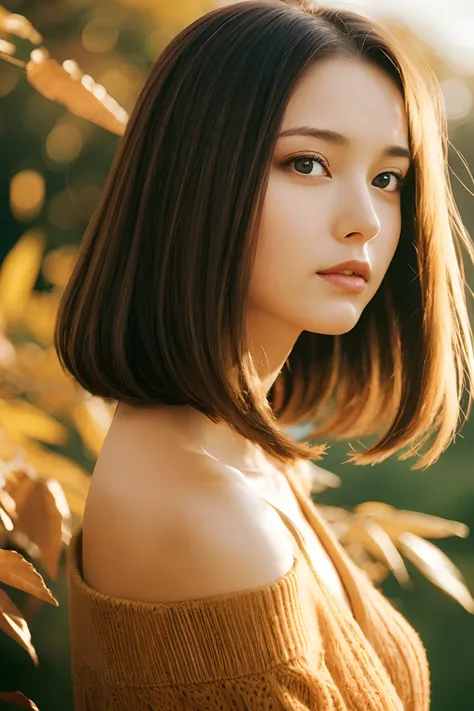 mid-shot, Beautiful woman looking into camera, Off shoulder dress,  
Chris Foss
  Autumn light