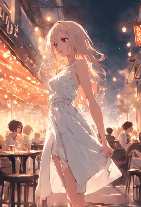 Realistic, woman, white long dress, medium hair, café terrace, date, meetup, skirt up, legs open, show underwear, light look