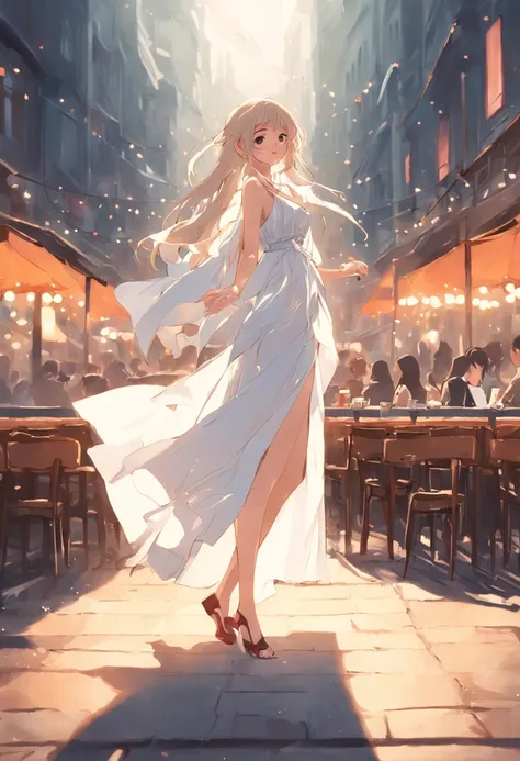 Realistic, woman, white long dress, medium hair, café terrace, date, meetup, skirt up, legs open, show underwear, light look