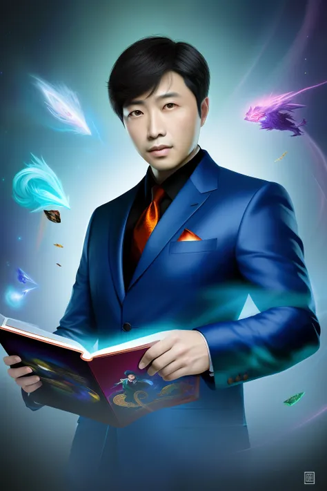 （best qulity，The Masterpiece），（Ultra-detailed colors），A detailed painting depicting A handsome 35-year-old Chinese mature man in a suit surrounded by a flurry of glowing Magic The Gathering cards and the book Dungeons and Dragons in the center.