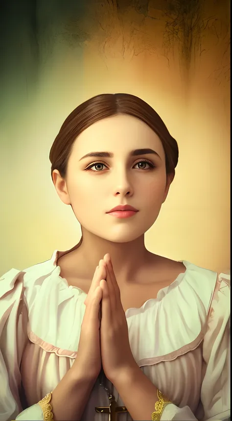 Arafed image of a woman in a white dress with a rosary, majestosa mulher de santo, Annasophia Robb como Joana DArc, praying posture, pintura digital renascentista, retrato centrado, Retrato da Virgem Maria, praying, retrato close-up da deusa, Catholic, ret...