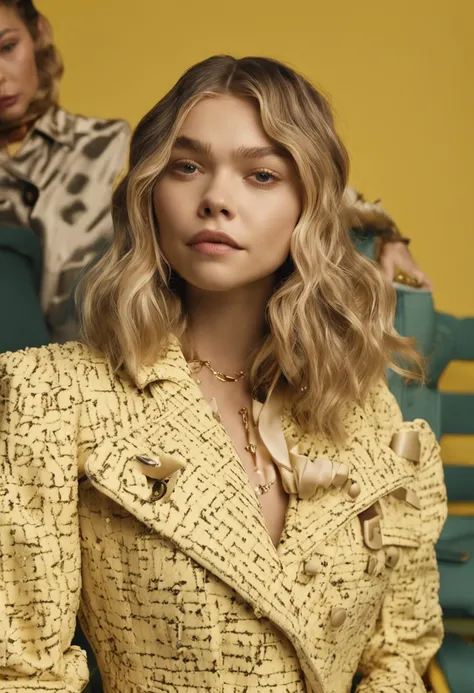 araffe woman with a purse and a yellow background, portrait sophie mudd, promotional images, wavy hair yellow theme, Chloë Grace Moretz, chloe grace moretz, grace moretz, pokimane, promotional image, solo photoshoot, chloe moretz, photo from a promo shoot,...