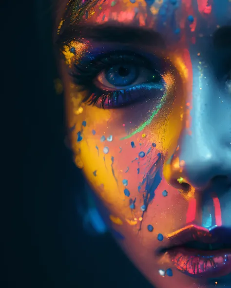 a close up of a woman with a bright face and body painted, color photograph portrait 4k, 8k artistic portrait photography, blue holographic face, painted face, glowing rainbow face, detailed face of a woman, face submerged in colorful oils, glowing blue fa...